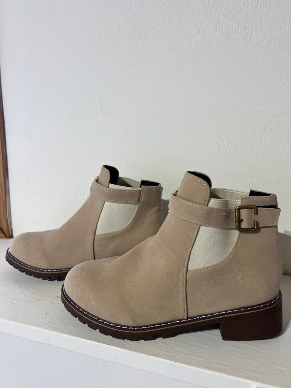 New - Women’s Beige Suede-like Chelsea Ankle Boots with Buckle